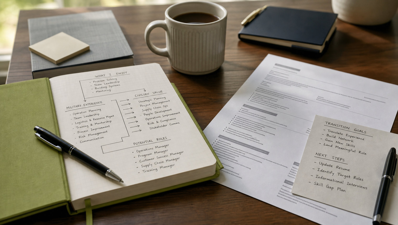 A desk with transition planning notes, resume materials, coffee, and a traditional green military notebook